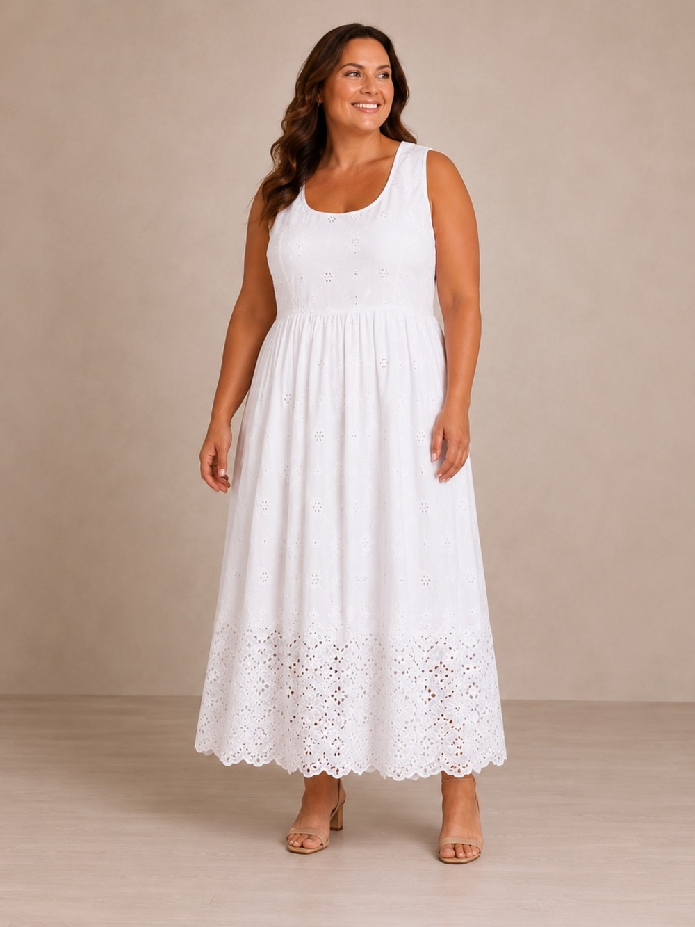 Talbots 20W White Eyelet Cotton Lined Sleeveless Midi Dress NWT